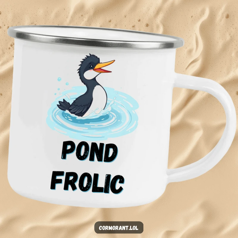 Funny cormorant camping mug, playful bird splashing gleefully in a bubbly, azure pond, perfect for outdoor use and fun.