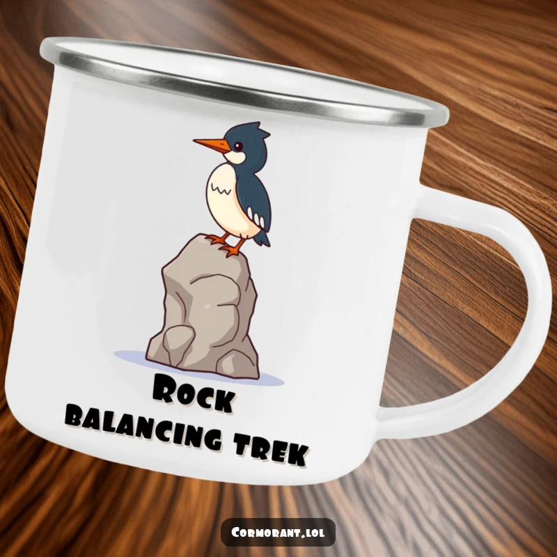 Funny Cormorant Camping Mug: A kawaii cormorant bird balances precariously on a single wobbly rock, great for outdoor use.