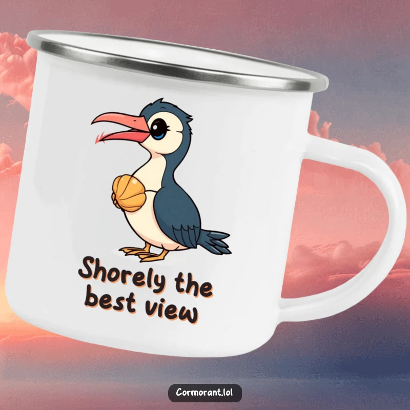 Funny Cormorant Camping Mug: A curious cormorant bird studies a seashell, ready for outdoor adventures with a humorous twist.