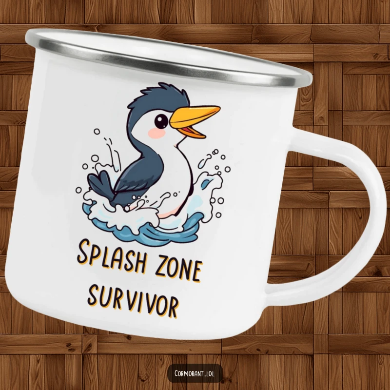 Funny Cormorant Camping Mug: A cheerful bird splashing playfully in stylized waves, designed for rugged outdoor use and a dose of humor.