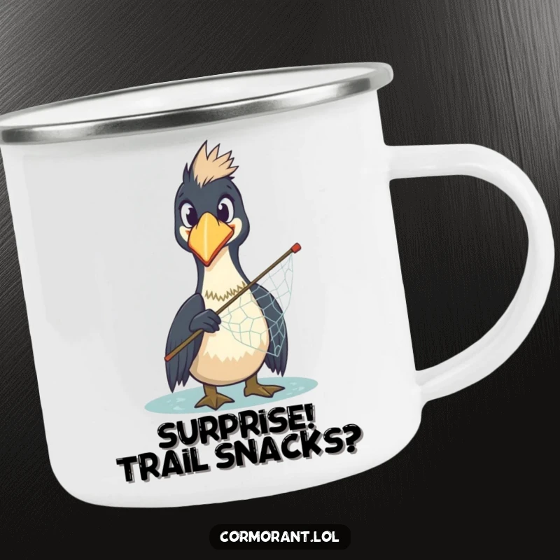 Funny Cormorant Camping Mug: A comically surprised cormorant holds a misplaced net, perfect for enjoying beverages outdoors with a laugh.