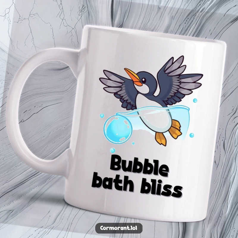 Funny cormorant mug showing a cormorant with wings spread wide, playfully diving headfirst into a sparkling blue bubble, capturing joyful aquatic action.