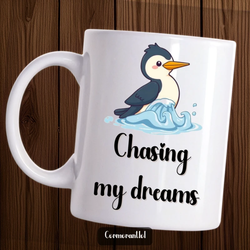 Funny Cormorant Mug featuring a cute, kawaii bird playfully chasing a small wave, capturing a moment of lighthearted fun.