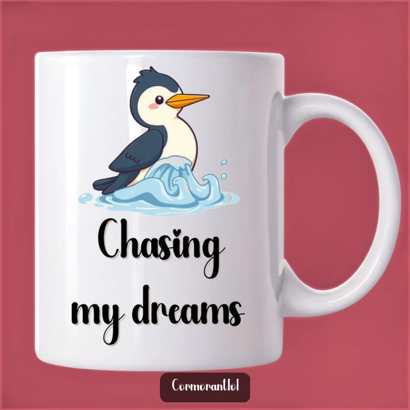 Funny Cormorant Wave Chase Mug: Playful Kawaii Bird Fun, Perfect Humorous Gift!