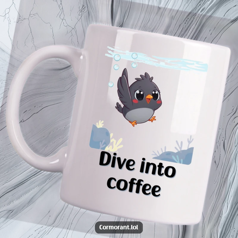 Funny mug showcasing a small, dark bird with large, expressive eyes joyfully diving deep beneath the water's surface.