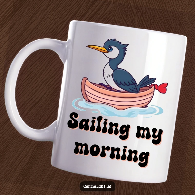 Funny Cormorant Mug depicting a cormorant happily riding a small, whimsical boat, perfect for nautical humor and bird enthusiasts.