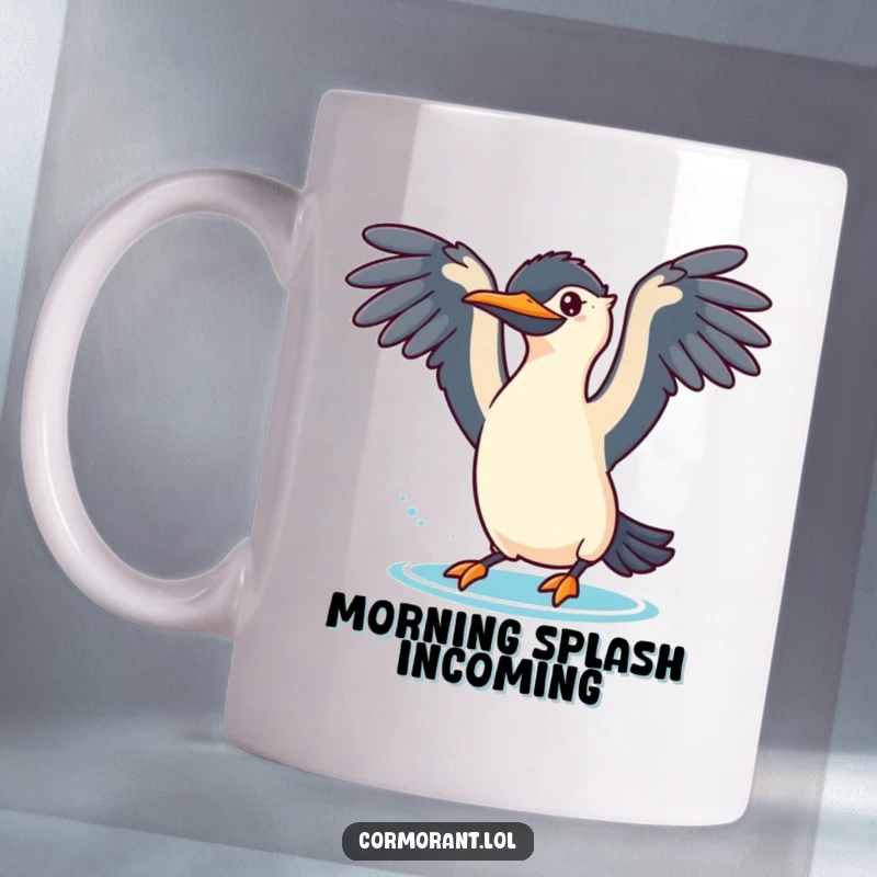 Funny cormorant mug showing a bird with wings spread, poised to dive playfully into water with a joyful spirit.