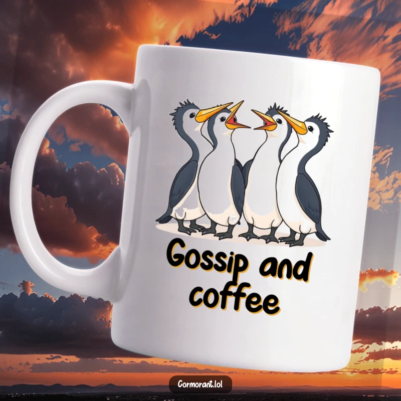 Funny Cormorant Mug featuring a group of adorable kawaii birds huddled together, sharing a moment of infectious laughter.