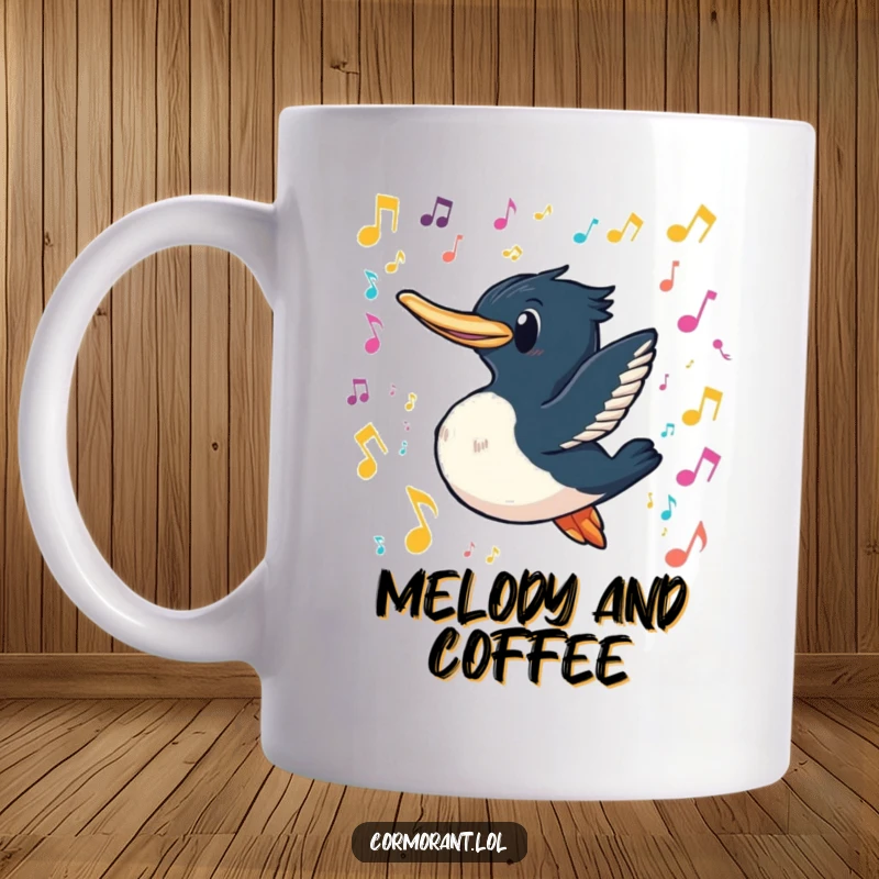 Funny cormorant mug depicting a cormorant with a playful grin, swimming joyfully through a cascade of colorful floating musical notes, celebrating harmony.