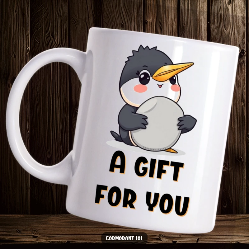 Funny Cormorant Mug: A smiling cormorant proudly offers a smooth grey pebble, symbolizing a funny and thoughtful bird's gift.