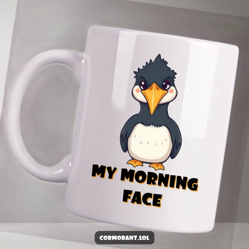 Funny Cormorant Mug featuring a cute, squawking kawaii bird making a silly face at the viewer, perfect for humor lovers.