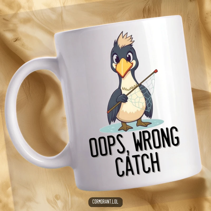 Funny Cormorant Mug: A comically surprised cormorant clutches a stray net, looking utterly bewildered, perfect for a coffee break.