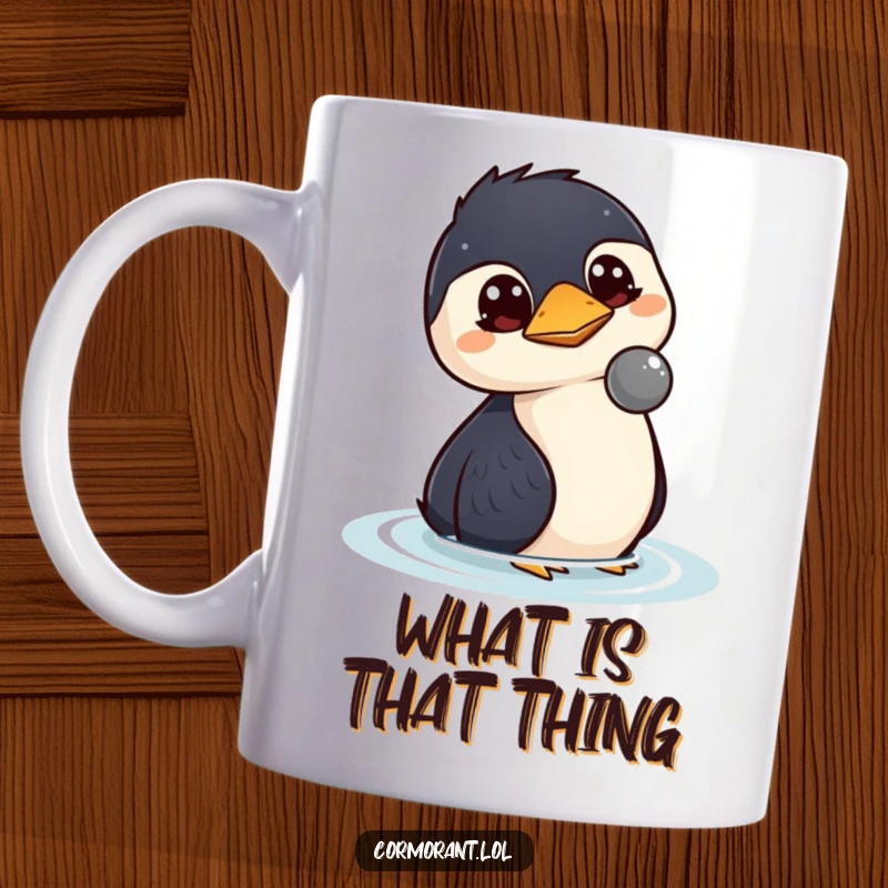 Funny kawaii cormorant mug with wide, curious eyes watching a floating object, symbolizing wonder and observation.