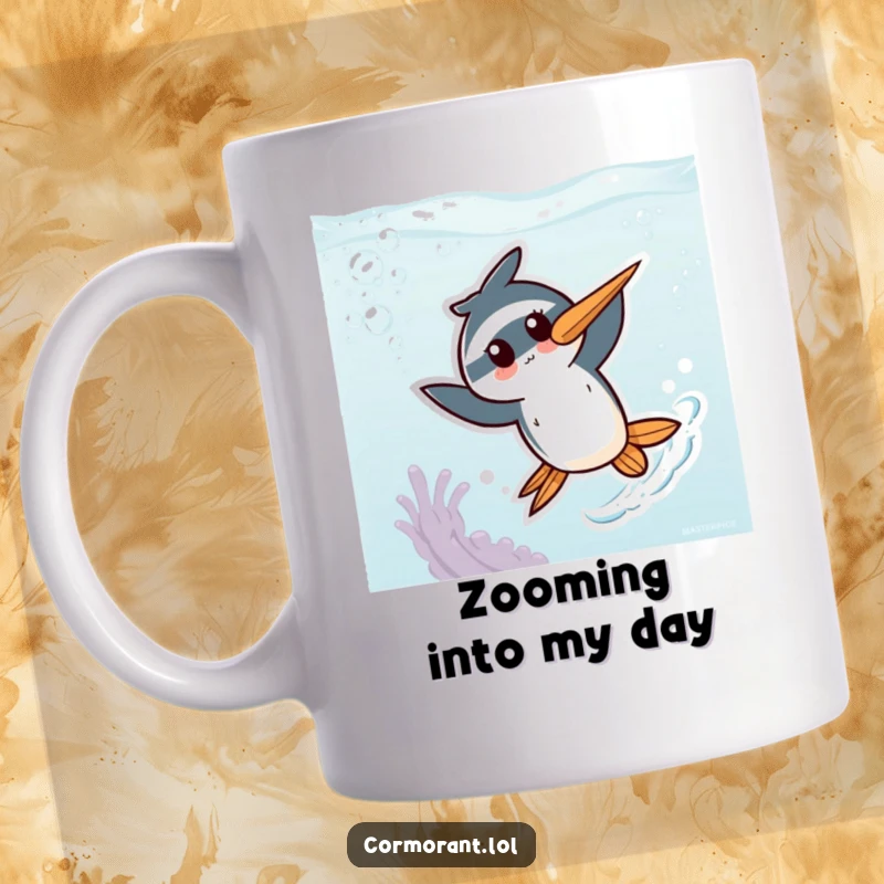 Funny Kawaii Cormorant Mug: An adorable bird character energetically zipping through vibrant, stylized underwater elements with joyful speed.