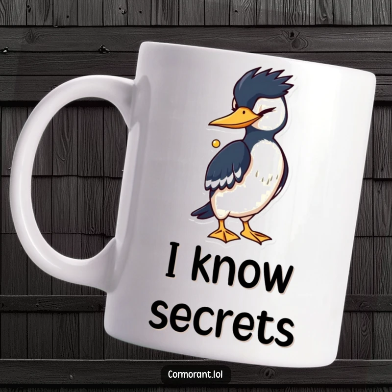 Funny Cormorant Mug: A cormorant winks knowingly while clutching a shiny object, hinting at a delightful secret and humor.