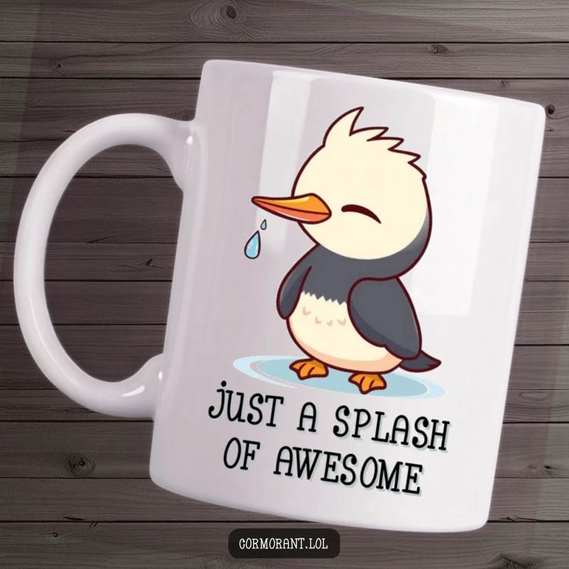 Funny Cormorant Mug: Kawaii bird winking playfully, a shining water droplet, a cute and humorous gift idea.