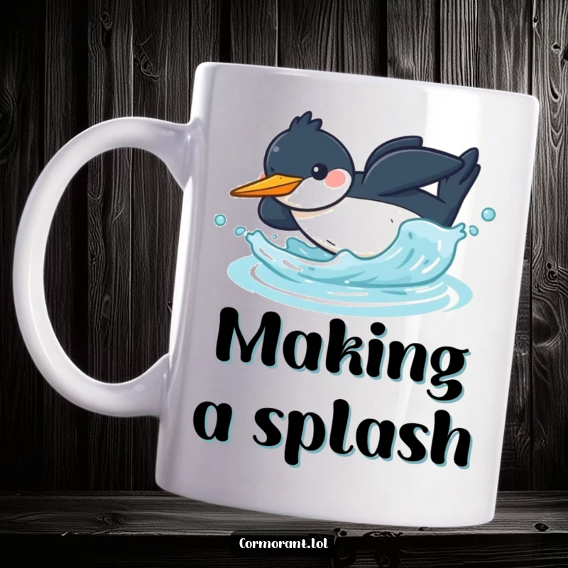 Funny kawaii cormorant mug showing a cheerful bird diving headfirst into water with a big splash, symbolizing fun.