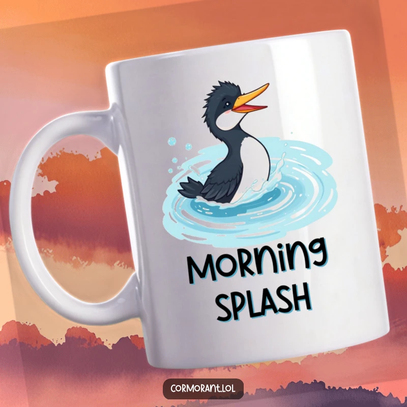 Funny cormorant mug, playful bird splashing gleefully in a bubbly azure pond, conveying pure joy and water fun.