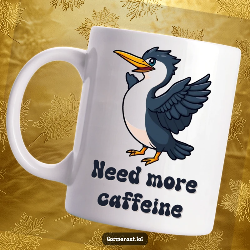 Funny Cormorant flapping its wings vigorously on a mug, preparing for an energetic flight, symbolizing ambition.