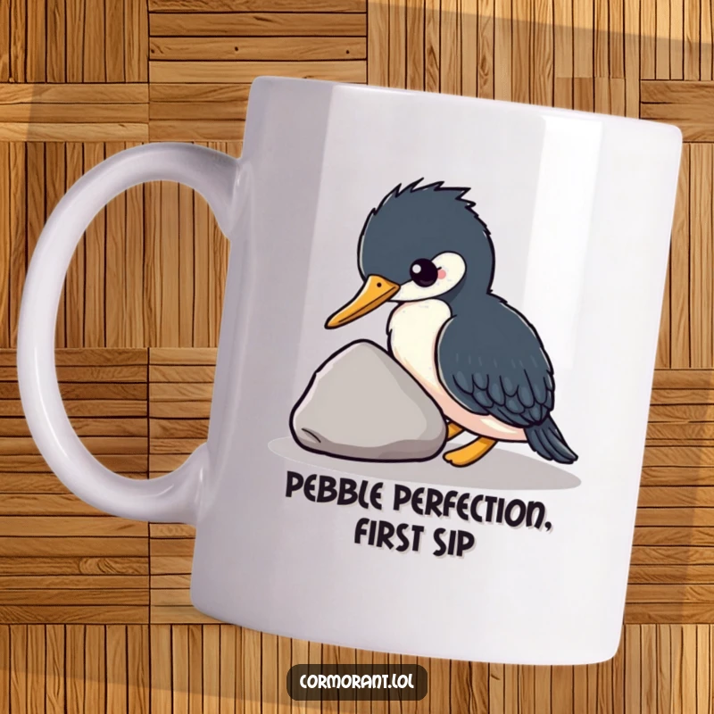 Funny kawaii cormorant playfully nudging a smooth stone with its beak, adorable bird art, perfect gift for bird lovers.