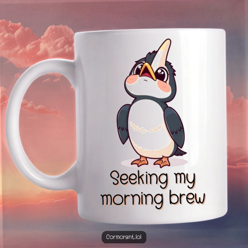 Funny mug showing a kawaii cormorant looking up at the sky with wide, curious eyes and a happy tilt, full of wonder.