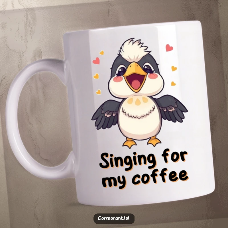 Funny Cormorant Singing Mug: A cheerful bird with its beak open wide, joyfully singing a happy tune, radiating pure delight.