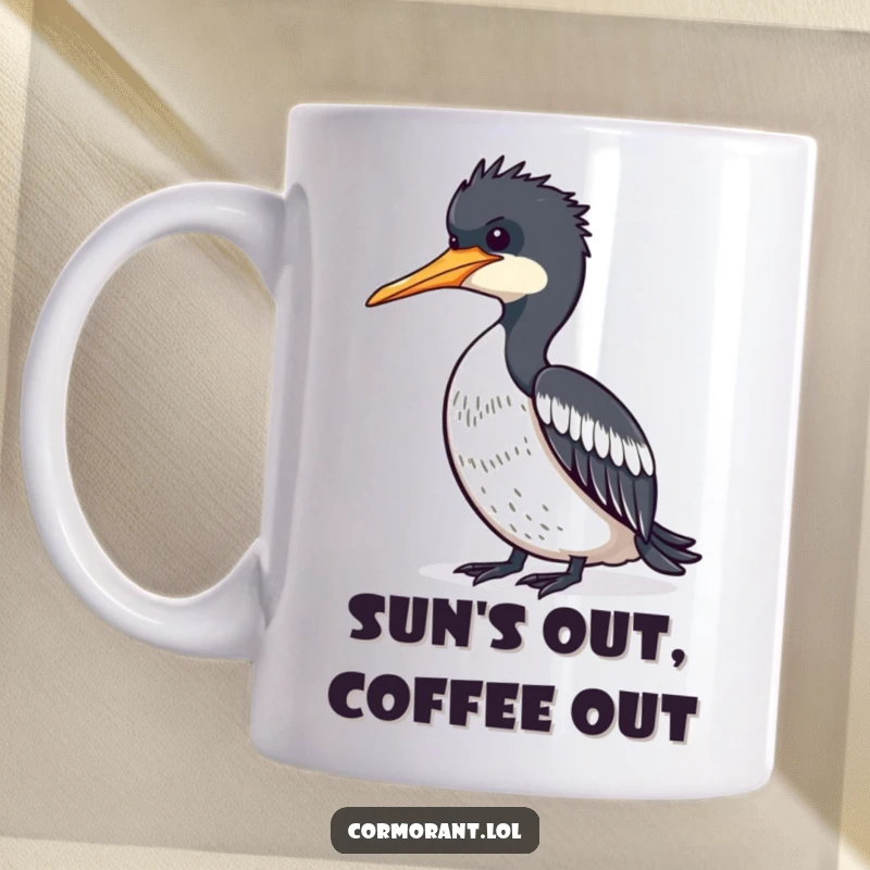 Funny Cormorant in a relaxed pose, drying its feathers in the warm sun on a mug, embodying peaceful leisure.