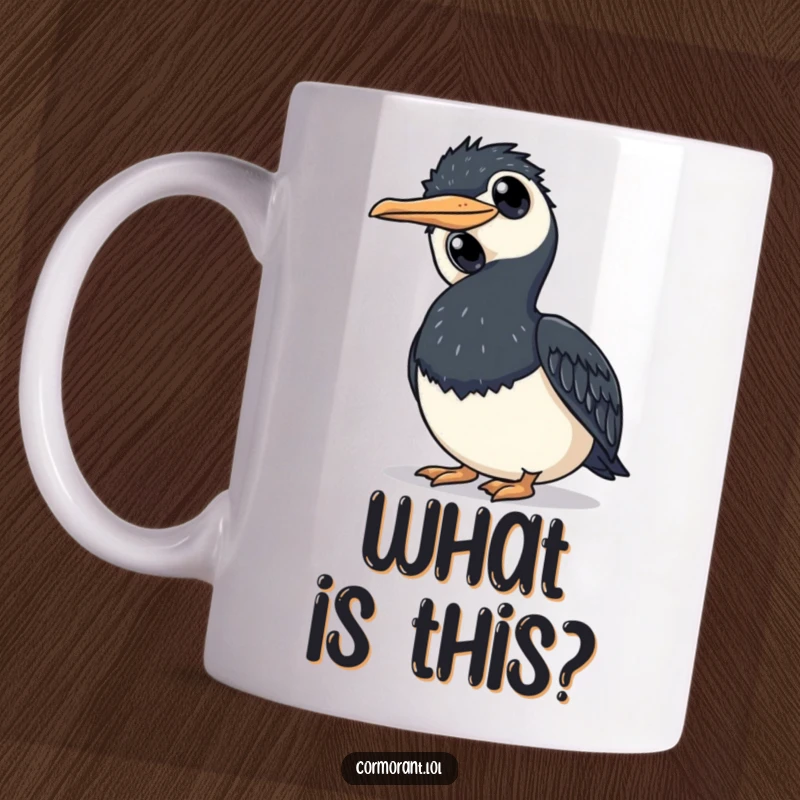 Funny cormorant mug showing a bird tilting its head curiously with large, expressive round eyes, perfect for ponderers.