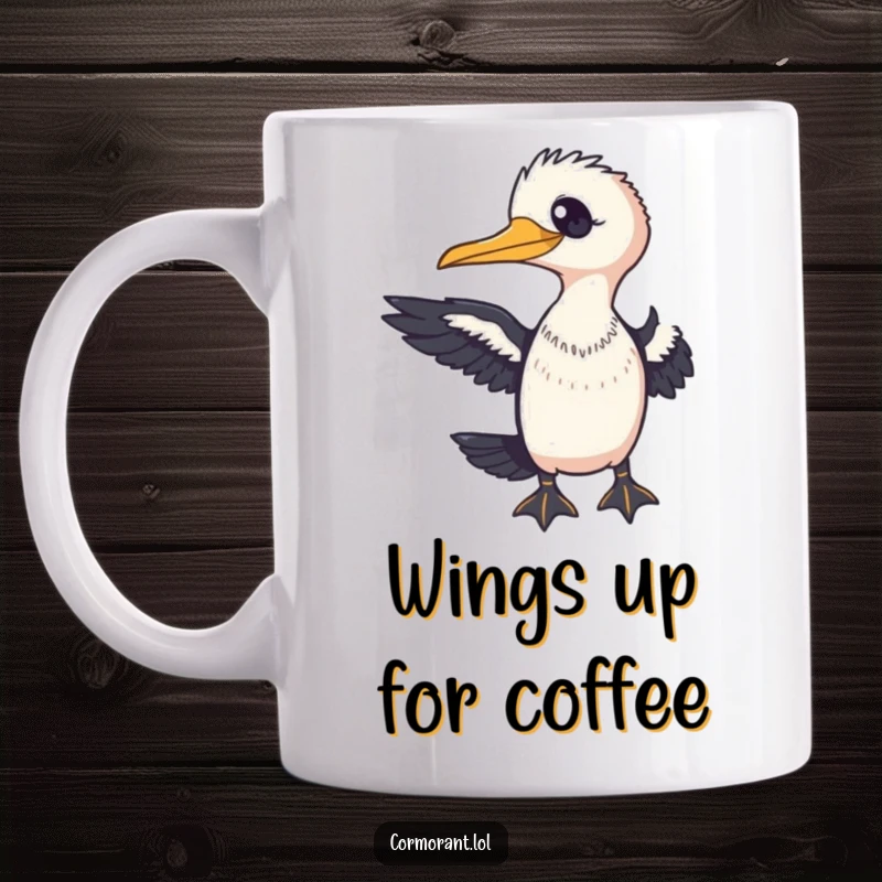 Funny Cormorant Mug featuring a friendly bird with a welcoming gaze, extending a wing towards the viewer in greeting.
