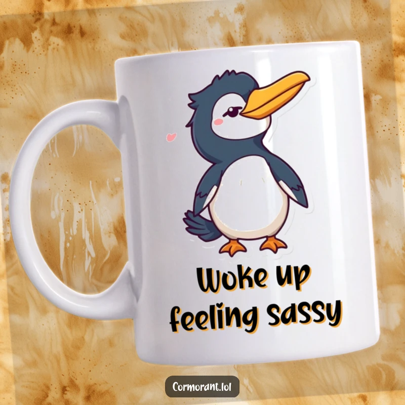 Funny Cormorant Wink Mug: A charming bird character giving a playful wink and a stylish flick of its tail, exuding confidence.
