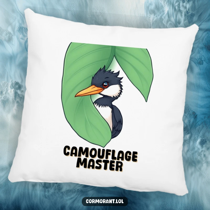 Funny Cormorant Pillow: A soft cushion featuring a funny cormorant artistically peeking from behind a large, wet leaf, full of personality.