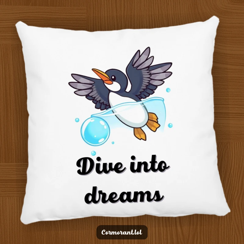 Funny cormorant pillow featuring a cormorant with wings spread, playfully diving into a shimmering blue bubble, adding soft aquatic humor to any space.