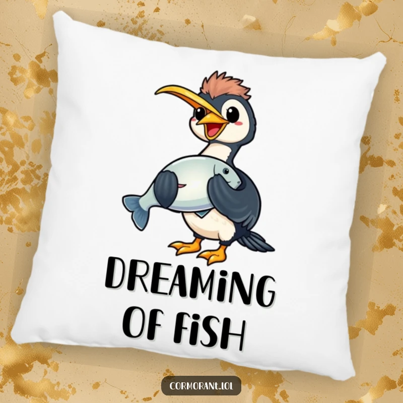 Funny kawaii cormorant pillow featuring a happy bird holding a large, shiny fish, perfect for cozying up.