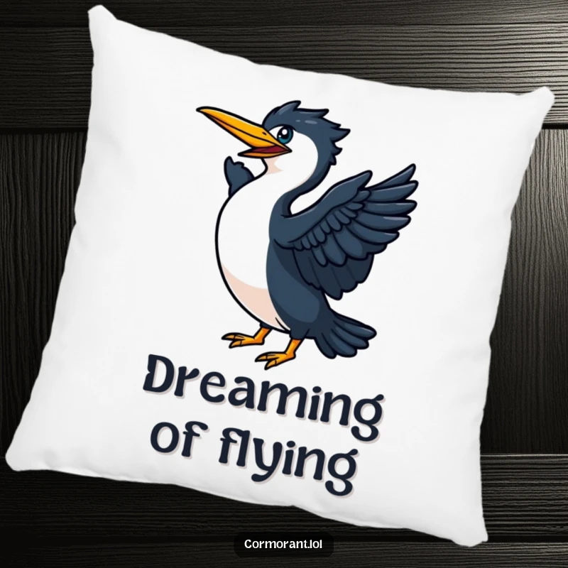 Funny Cormorant depicted on a soft pillow, vigorously flapping its wings, symbolizing energetic readiness for flight.