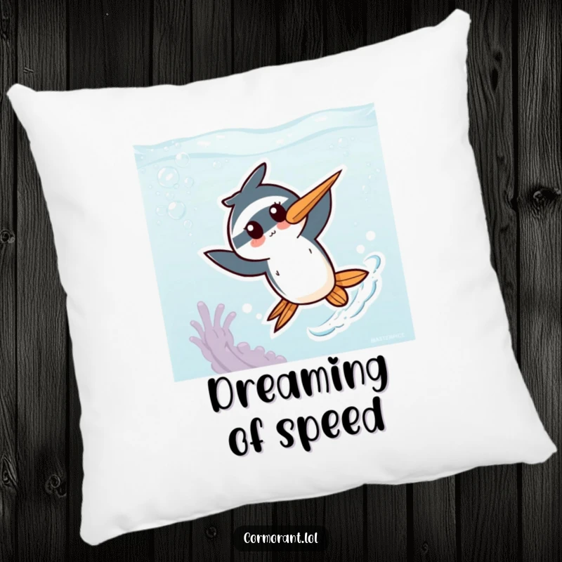 Funny Kawaii Cormorant Pillow: An adorable bird character energetically zipping through a stylized underwater scene, offering comfort and cute charm.
