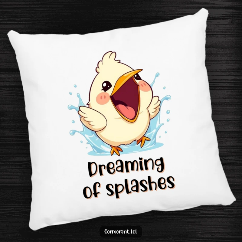Funny pillow showing a cute bird with its beak wide open, joyfully creating a bubbly water splash.