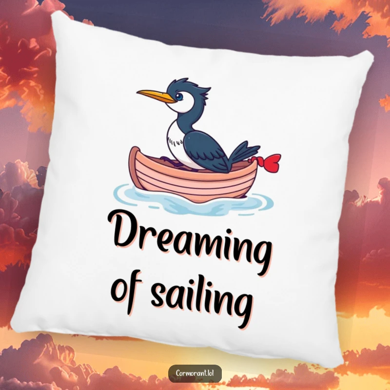 Funny Cormorant Pillow featuring a cormorant sailing in a whimsical boat, offering comfort and charming, nautical-themed humor.