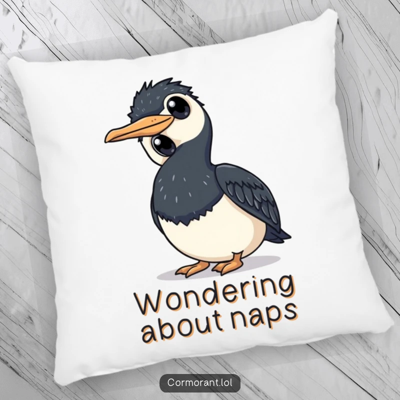 Funny cormorant pillow with a bird tilting its head curiously, offering comfort and a touch of thoughtful humor.