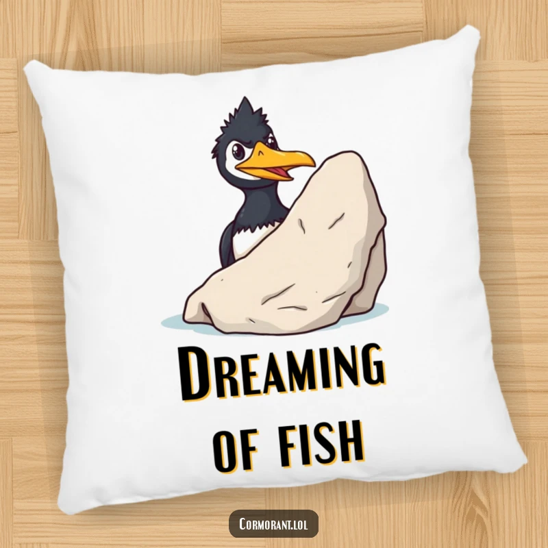 Funny Cormorant Pillow: A sly cormorant grins mischievously while peeking from behind a rock, a soft and humorous accent.