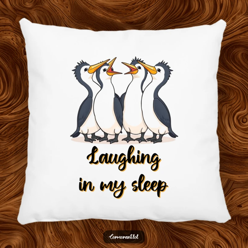 Funny Cormorant Pillow featuring a group of adorable kawaii birds laughing together, perfect for adding comfort and cheer.