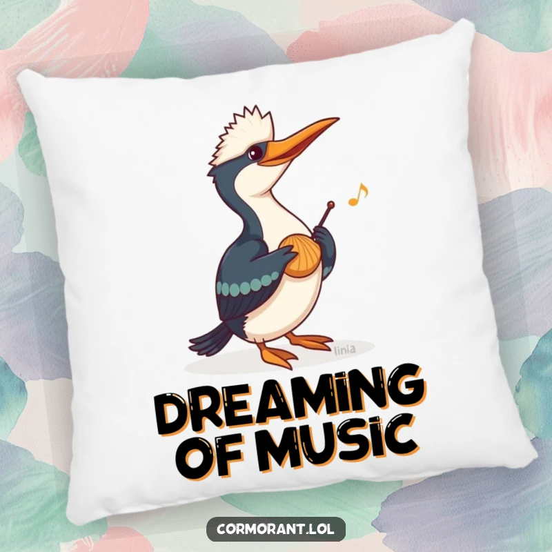 Funny Cormorant Pillow featuring a cormorant playing a tune on a seashell, offering comfort and whimsical, music-themed humor.