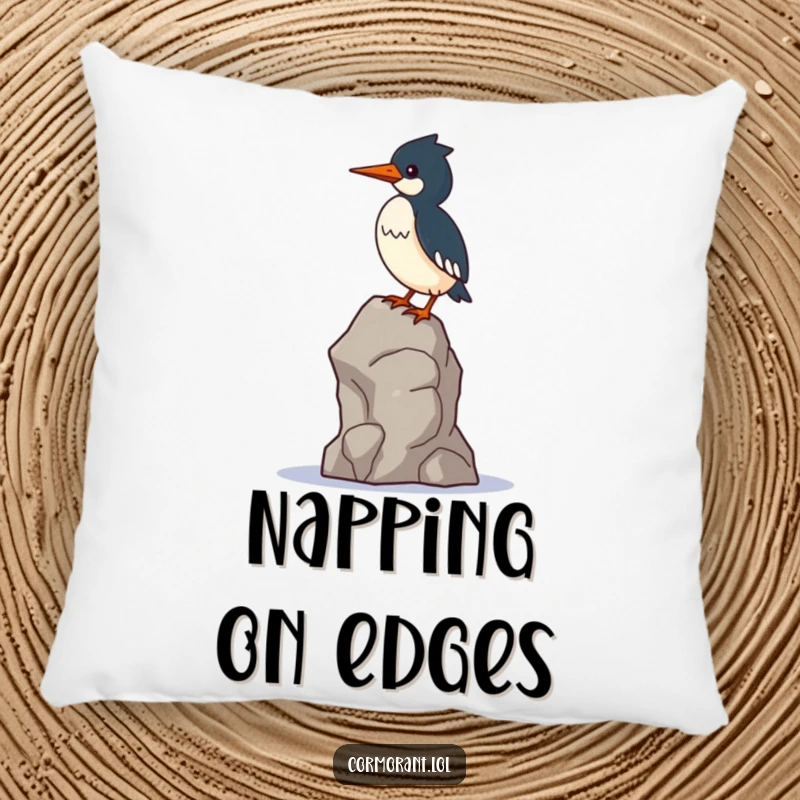 Funny Cormorant Pillow: A kawaii cormorant bird attempts a precarious balance on a single, wobbly rock, adding humor.