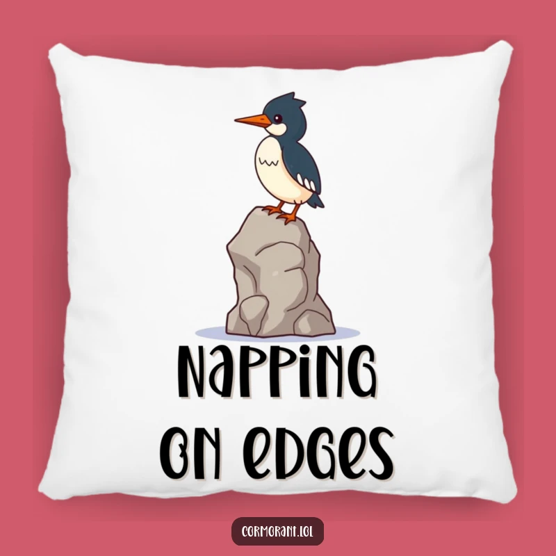 Funny Cormorant Pillow: Cozy Balance Humor, Wobbly Rock Design, Perfect Gift