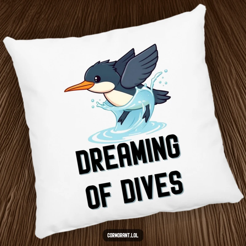 Funny Cormorant Pillow: A kawaii cormorant dives gracefully into sparkling blue water in a splashy pose, adding humor.