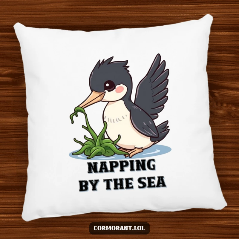 Funny cormorant pillow, a kawaii bird with its beak nudging a piece of seaweed, offering comfort and charming decor.