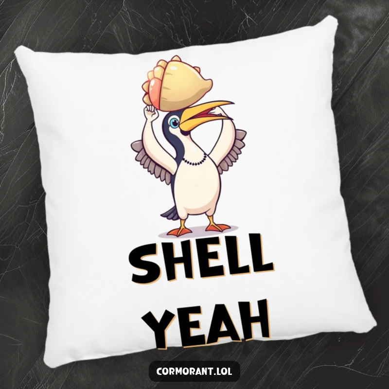 Funny cormorant pillow, proud bird holding a shiny, colorful shell, soft and decorative accent for sofas and beds.