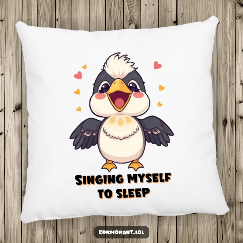 Funny Cormorant Pillow: A cheerful bird with an open beak, singing a happy tune, offering comfort and a touch of musical charm.