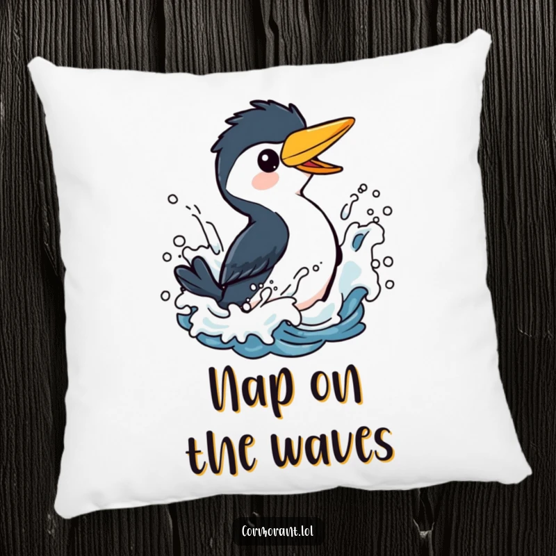 Funny Cormorant Pillow: A charming depiction of a bird gleefully splashing in stylized ocean waves, offering decorative comfort and humor.