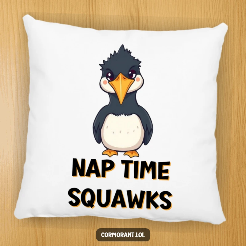 Funny Cormorant Pillow featuring a sweet, squawking kawaii bird, perfect for adding a humorous and cozy touch to any seating area.