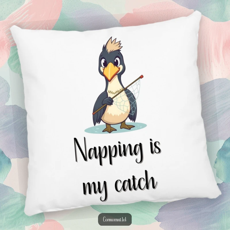 Funny Cormorant Pillow: A comically surprised cormorant is depicted with a misplaced net, adding a touch of soft, humorous decor.